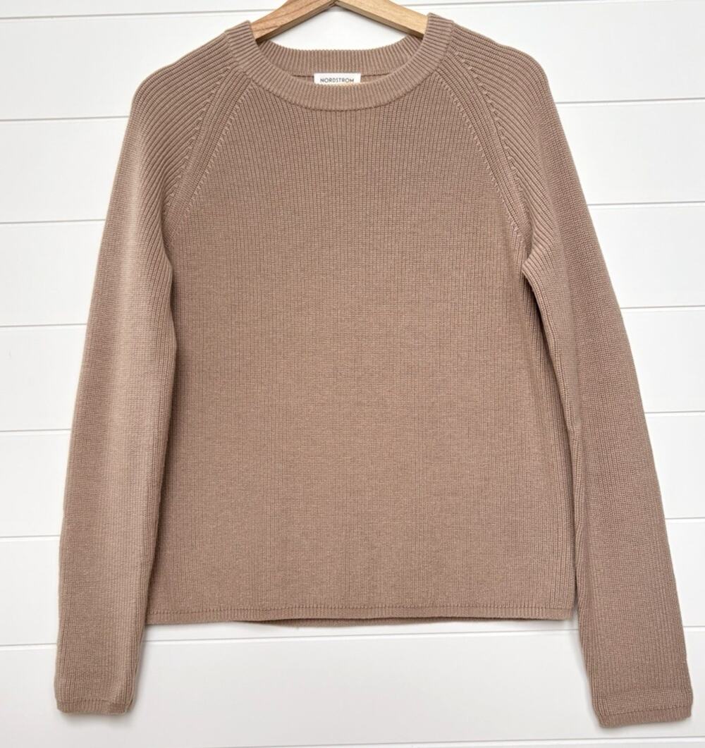 Nordstrom Organic Cotton Merino Wool Knit Sweater Crewneck Neutral Tan Small